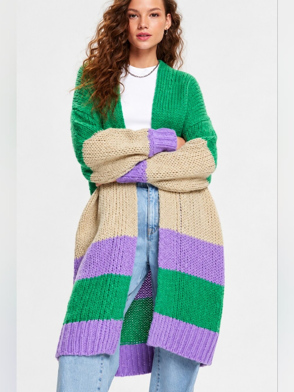 Esprit Odette Oversized Long Cardigan M/L Green Purple Chunky Knit Sweater